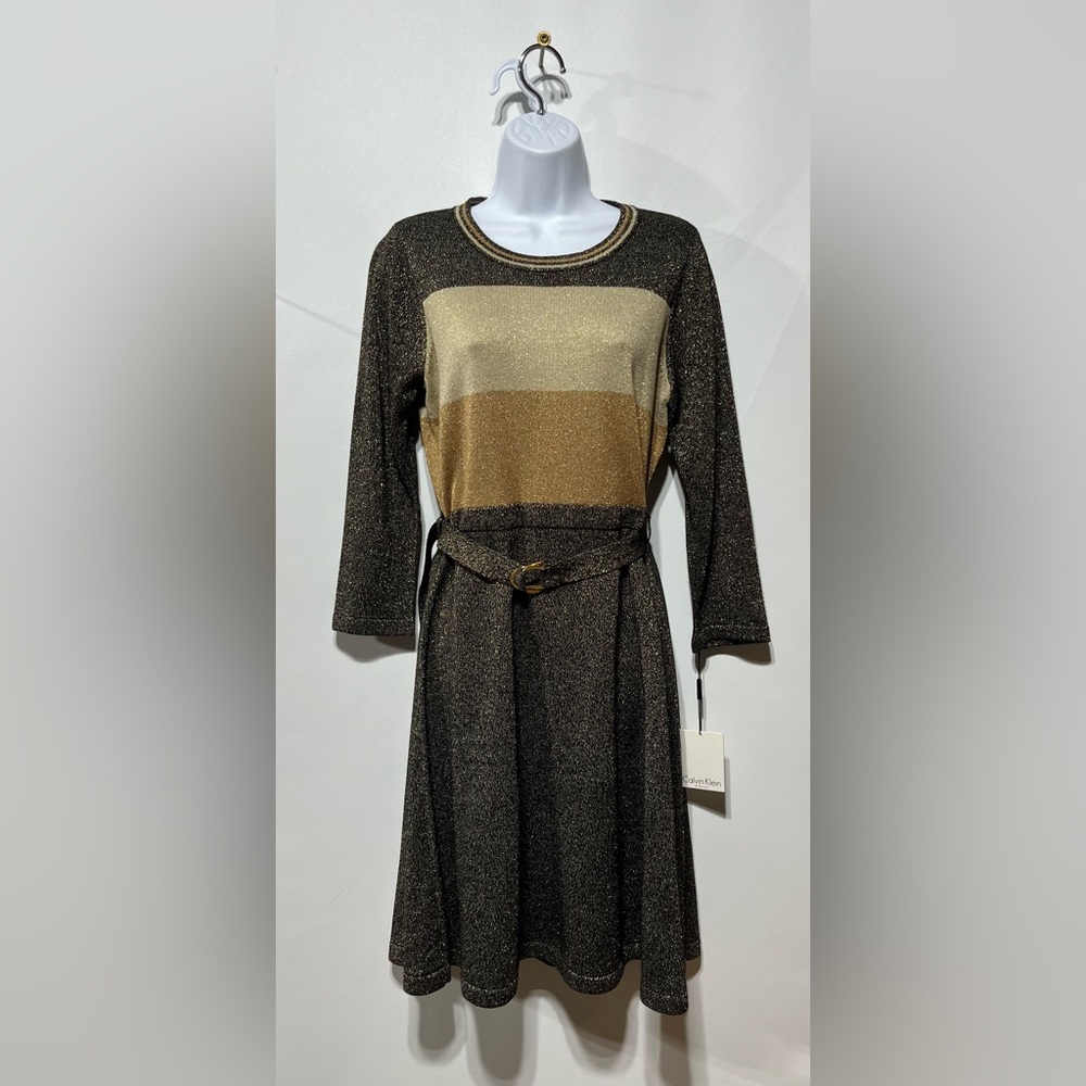 Calvin Klein Shimmering Black and Gold Long‎ Sleeve Dress Size Medium NWT